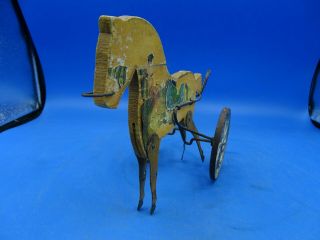 Old Antique Wooden Horse Pull Toy W/ cast Wheels & Swinging Tin Legs 2