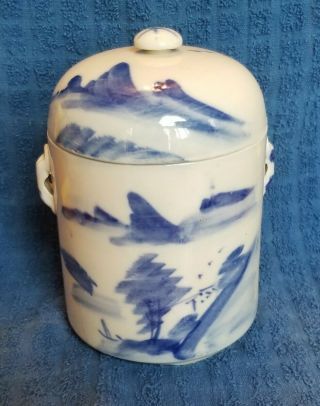 Antique Vintage Chinese Blue & White Porcelain Tea Caddy Ginger Jar With Lid