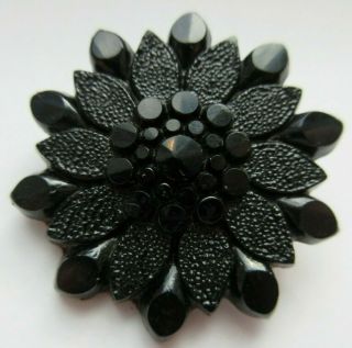 Magnificent Xl Antique Vtg Victorian Black Glass Button Very Unique Design (n)