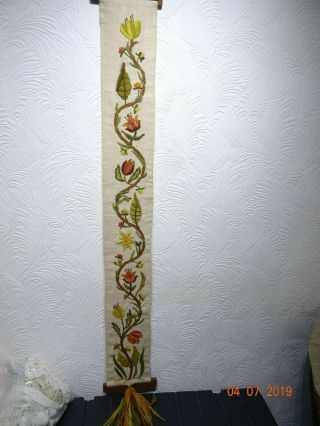 Vtg Linen Floral Hand Embroidered Bell Pull/ Wall Hanging Handmade
