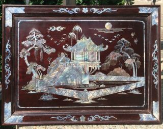 Antique Chinese Mother Of Pearl Inlay Lacquered Wood Panel Plaque