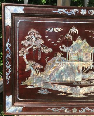 Antique Chinese Mother of Pearl Inlay Lacquered Wood Panel Plaque 2