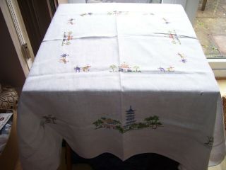 Large Vintage Hand Embroidered Linen Table Cloth Oriental Houses Trees 50 " X 52 "