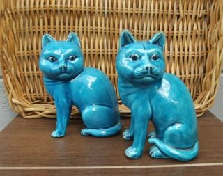 Vintage Chinese Glazed Turquoise Cat Kitten Figurines