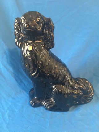 Large Antique 19c English Staffordshire Black Spaniel Dog With Gold Gilt Accent