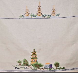 Vintage Tablecloth Chinese Pagoda Temple Design Cross Stitch 130cm X 130