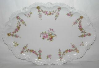 Antique Mz Austria Moritz Zdekauer Oval Platter Tray W/ Pink Roses & Garlands