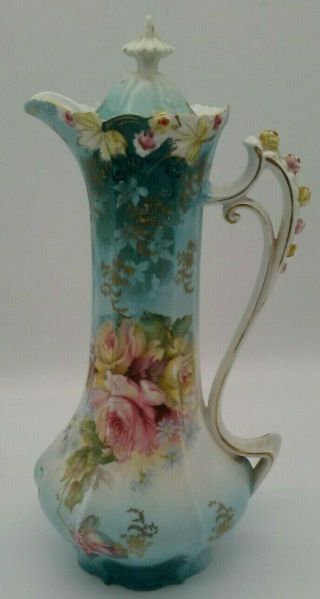 Antique Chocolate Pot Turquoise Blue W/ Pink Yellow Roses 3d Raised Moriage Euc