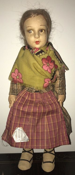 Vintage 13 " Antique Lenci Type Peasant Girl Felt Doll Very Detailed