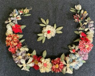Antique Victorian Wool Work Wreath Flowers Folk Art 1800s Mourning Floral