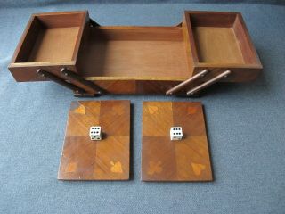 Antique Bovine Bone Dice Knobs Suit Marquetry Wooden Gambling Poker Fold Out Box