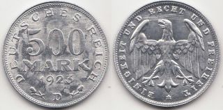 Historical Antique German 500 Mark Coin 1923 Aluminium Coin.