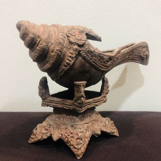 Southeast Asia Cambodia Khmer Bronze Conch Shell Statue Cup Buddhism On Table
