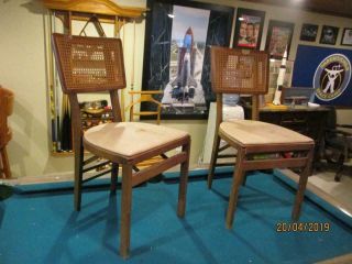 Vintage Stakmore Cane Back Mid - Century Modern Wood Folding Chairs