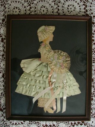 Vtg Antique Framed Ribbon Art Paper Doll Picture Girl W/flower Bouquet Bonnet 1