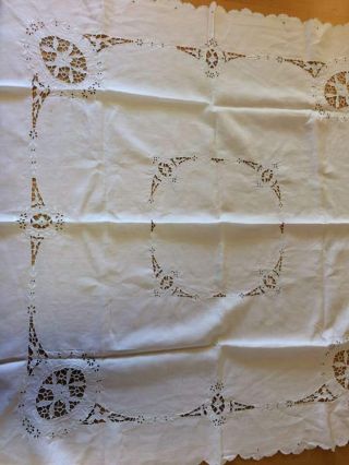 Vintage Linen Tablecloth Cut Work & Embroidered White 100 X 100 Cm