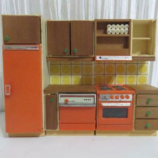 Vintage Lundby Dollhouse Kitchen Appliances Set - Stove,  Refrigerator,  Cupboards