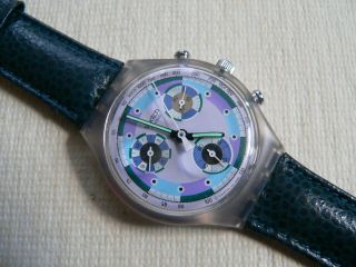 1993 Swatch Watch Chronograph Greentic Scv100 Leather Band