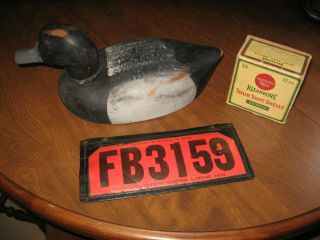 Vintage Solid Wood Duck Decoy,  Remington Shell Box,  Michigan Hunting License