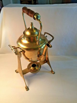 Vintage Brass Tea Pot Kettle On Tilting Stand With Warmer Burner