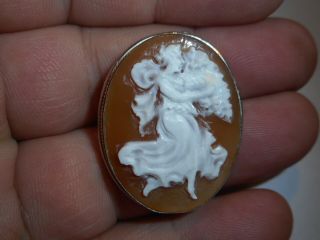 Antique Sterling Silver Finely Carved Shell Cameo Full Figure Pendant Brooch Pin