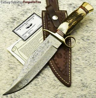 John Miller Custom Hand Forged Damascus Steel Blade Hunting Knife | Stag Antler