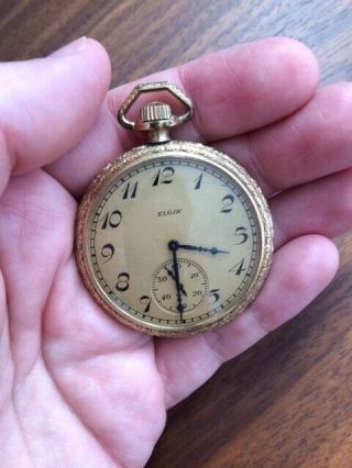 Antique Elgin 14k Gold Filled Open Face Pocket Watch In