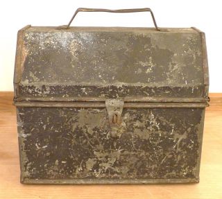 Antique 19th C Factory Paint Handmade Tin Lunch Worker Industrial Tool Box Pail