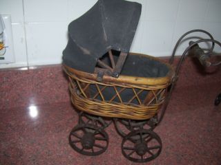 Vintage Wicker Doll Carriage Buggy Canvas Top Metal Wheels