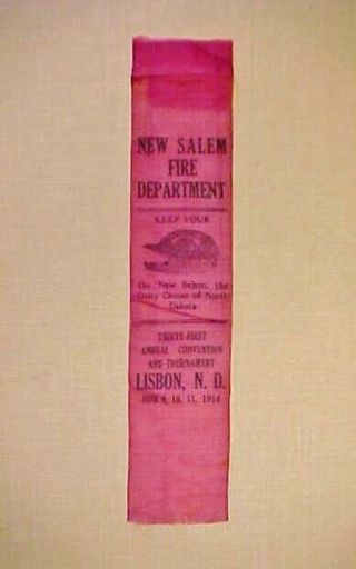 1914 Salem,  N.  D.  Fire Department Convention Ribbon - Lisbon