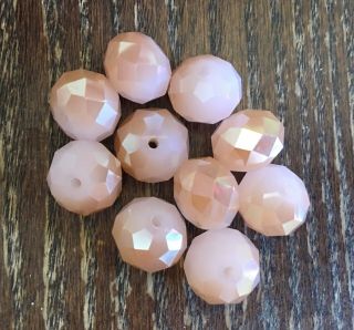 Vintage Czech Pink Peach W Luster Chubby Faceted Art Glass Rondell Glass Beads