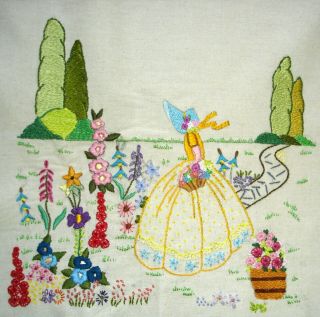 Hand Embroidered Linen Unframed Picture Crinoline Lady Picking Flowers In A Park