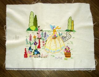 Hand Embroidered Linen Unframed Picture Crinoline Lady Picking Flowers In A Park 2