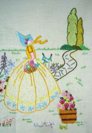 Hand Embroidered Linen Unframed Picture Crinoline Lady Picking Flowers In A Park 3