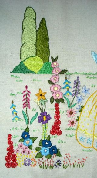 Hand Embroidered Linen Unframed Picture Crinoline Lady Picking Flowers In A Park 4