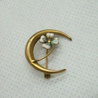 Antique 10 K Small Crescent Shaped Pin With An Attached Enameled Flower