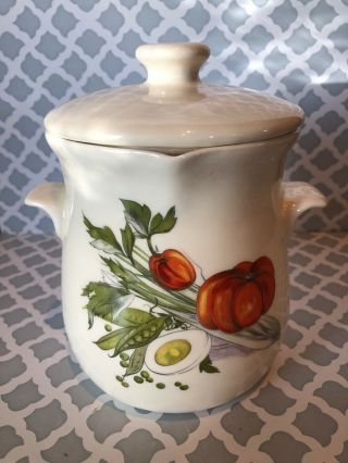Vintage Ceramic Grease Crock With Handles And Strainer