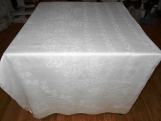 Exquisite 85x68 Vintage Antique White Roses Irish Linen Double Damask Tablecloth