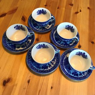 Set Of Vintage Antique 5 Blue Willow Tea Coffee Cups Japan Crazing W Saucers