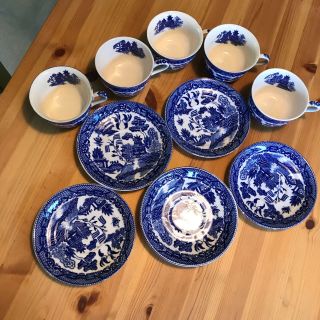 Set of Vintage Antique 5 Blue Willow Tea Coffee Cups JAPAN Crazing w Saucers 2