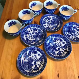 Set of Vintage Antique 5 Blue Willow Tea Coffee Cups JAPAN Crazing w Saucers 3