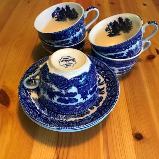 Set of Vintage Antique 5 Blue Willow Tea Coffee Cups JAPAN Crazing w Saucers 5