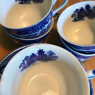 Set of Vintage Antique 5 Blue Willow Tea Coffee Cups JAPAN Crazing w Saucers 6