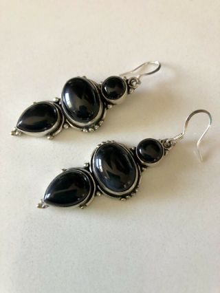 Antique Vintage 90s Boho Large Onyx Sterling Silver Dangle Earrings Marked 925