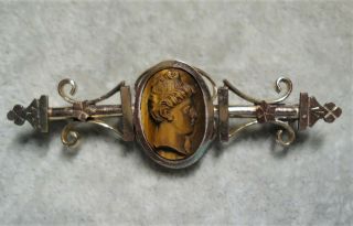 VINTAGE ANTIQUE GOLD FILLED OR PLATED CARVED TIGERS EYE CAMEO BROOCH PIN 2