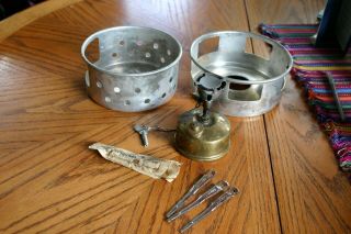 Vintage Primus 71 Camp Stove Cooking Supplies,  With Cookware And Windscreen