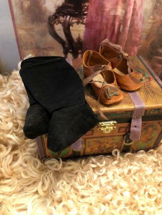 Wonderful Antique German Brown Leather Toe Buckle Doll Shoes & Socks