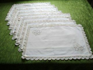 Set 8 Vintage Place Mats - Hand Embroidery - Lace Trimmed -