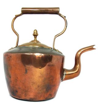 Antique Vtg English Copper Tea Kettle Tea Pot Acorn Finial Lid Brass Details
