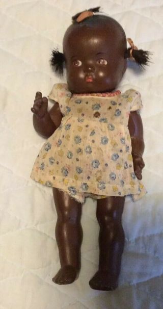 Vintage Black Composition Baby Doll 3 Pony Tails And Clothes